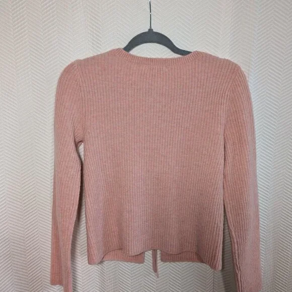 GU Front Ribbon Tie Pink Ribbed Knit Cardigan Size Small Balletcore Softgirl - Picture 7 of 10